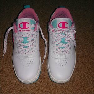 Champion: White/Pink/Blue Leather Sneakers - Women's EUR Size 40 - Youth Size 7